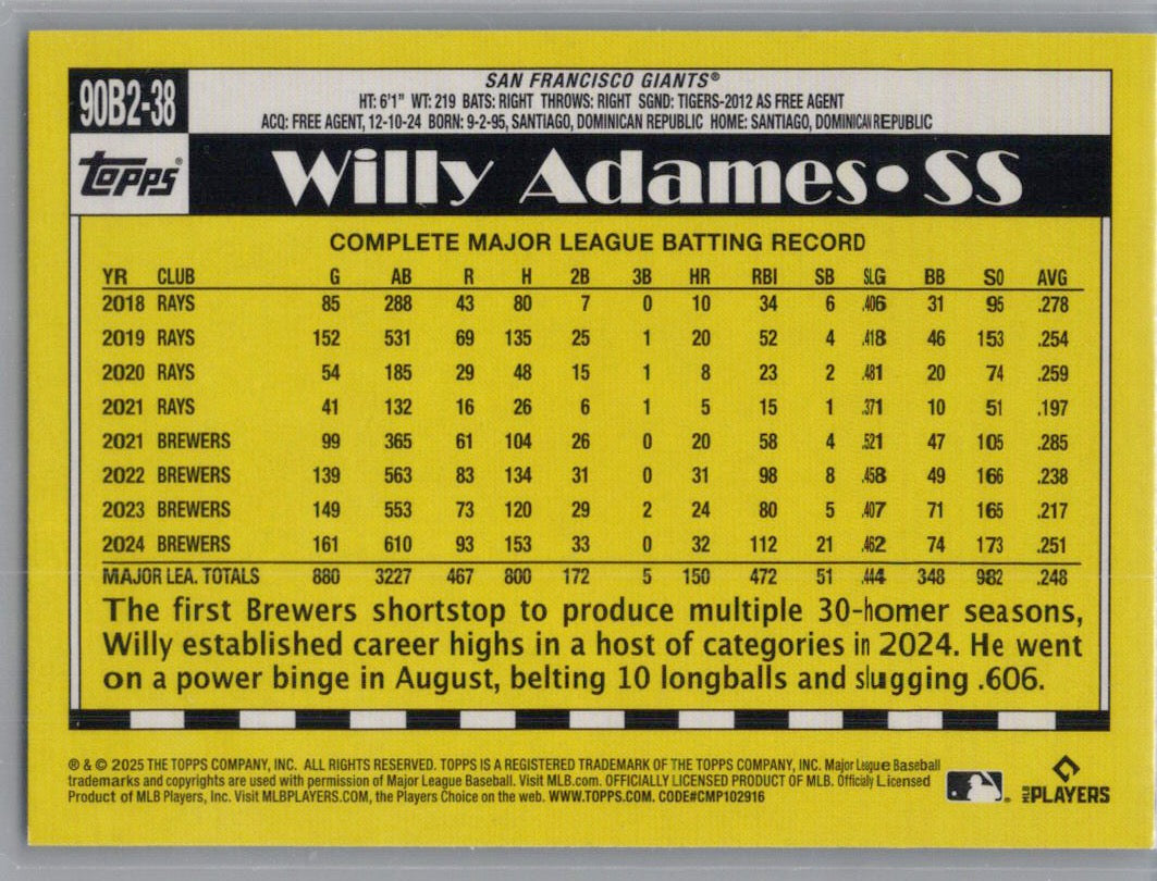 2025 Topps #90B2-38 Willy Adames 1990 Topps Baseball 35th Anniversary