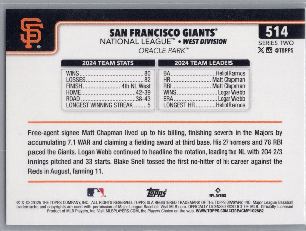 2025 Topps #514 San Francisco Giants Holo Foil San Francisco Giants