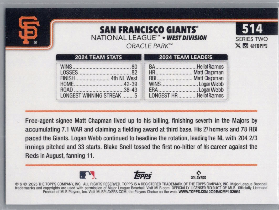 2025 Topps #514 San Francisco Giants Holo Foil San Francisco Giants