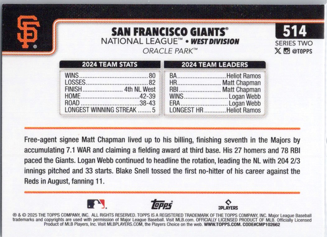 2025 Topps #514 San Francisco Giants San Francisco Giants