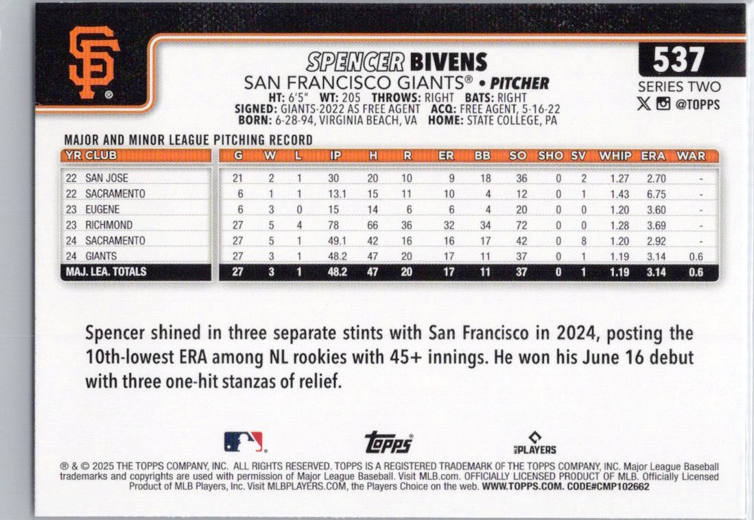 2025 Topps #537 Spencer Bivens San Francisco Giants