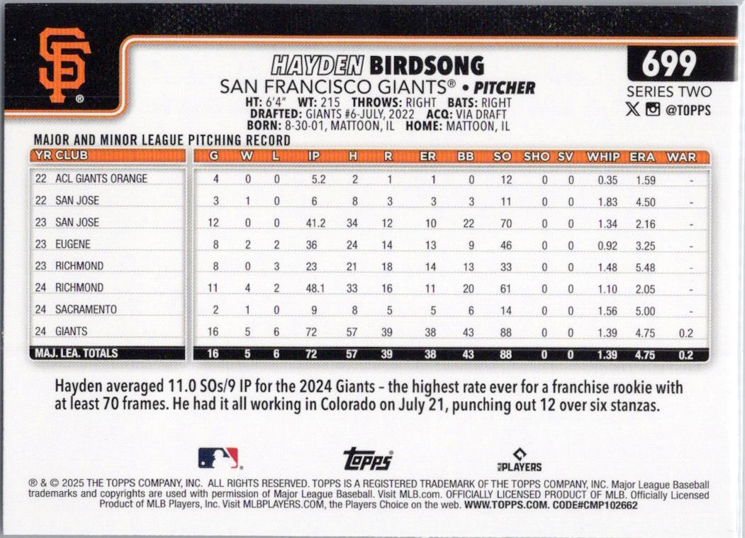 2025 Topps #699 Hayden Birdsong San Francisco Giants