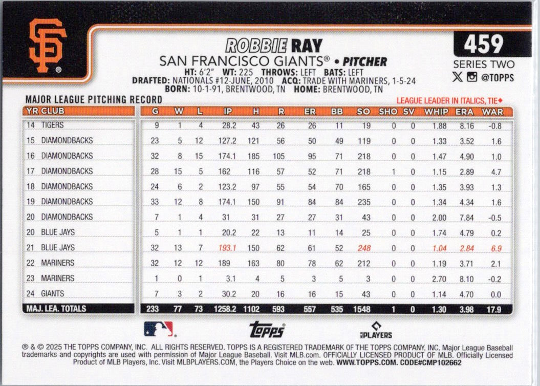 2025 Topps #459 Robbie Ray San Francisco Giants