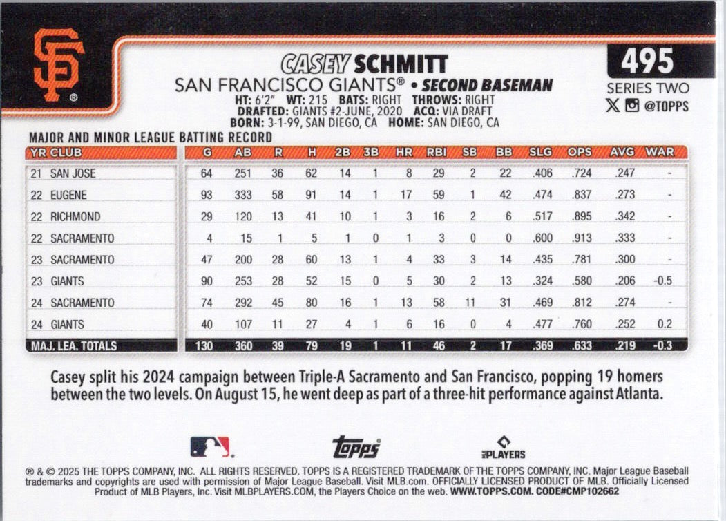 2025 Topps #495 Casey Schmitt San Francisco Giants
