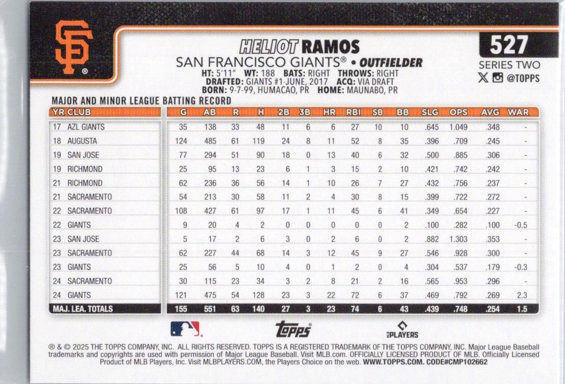 2025 Topps #527 Heliot Ramos San Francisco Giants