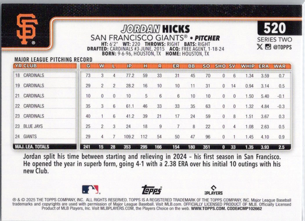 2025 Topps #520 Jordan Hicks San Francisco Giants