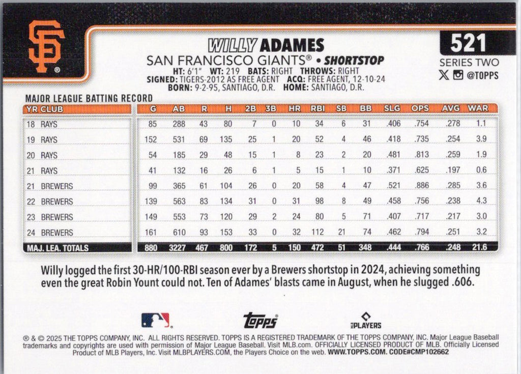 2025 Topps #521 Willy Adames San Francisco Giants