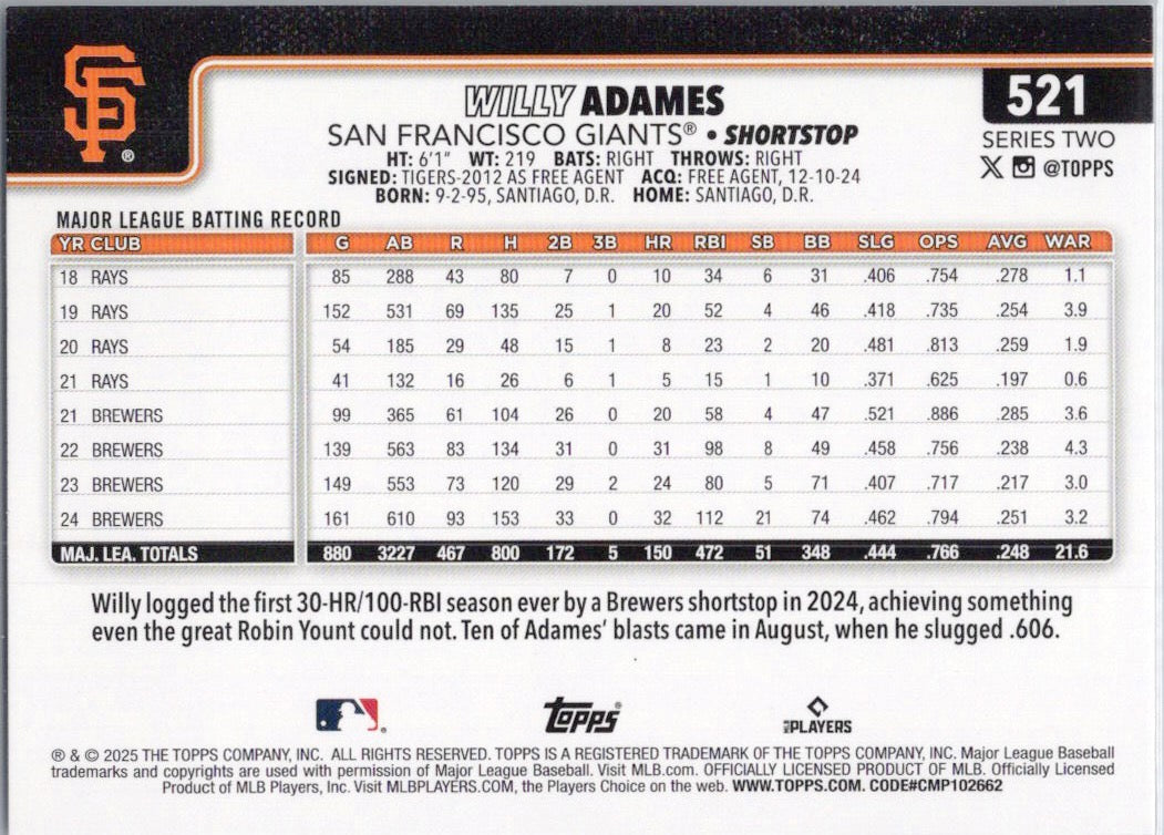 2025 Topps #521 Willy Adames San Francisco Giants