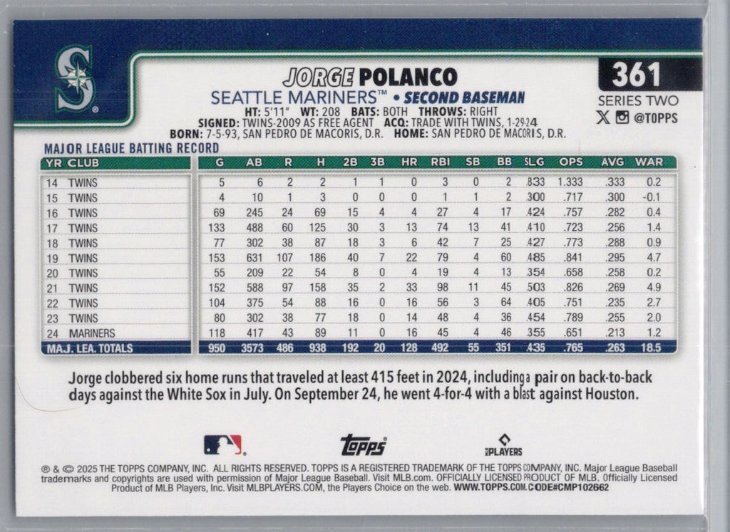 2025 Topps #361 Jorge Polanco Holo Foil Seattle Mariners