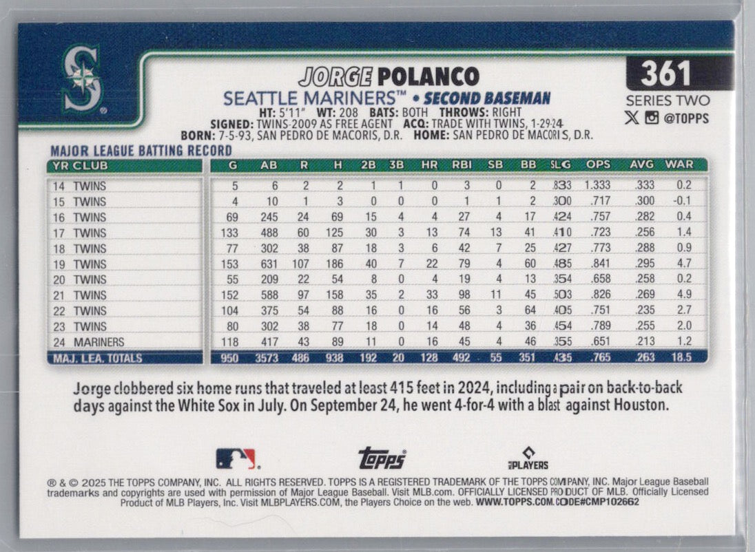 2025 Topps #361 Jorge Polanco Rainbow Foil Seattle Mariners