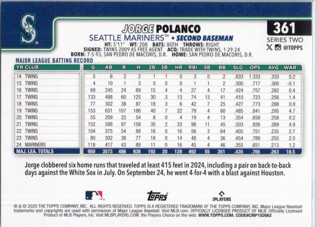 2025 Topps #361 Jorge Polanco Seattle Mariners