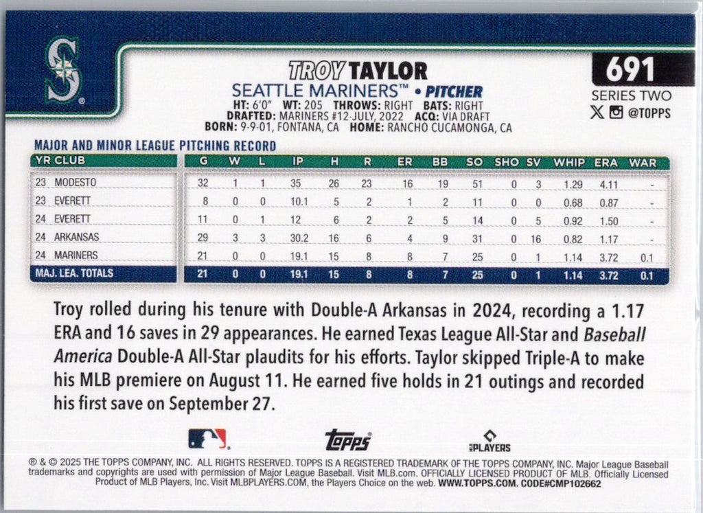 2025 Topps #691 Troy Taylor Seattle Mariners
