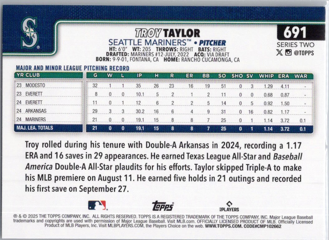 2025 Topps #691 Troy Taylor Seattle Mariners