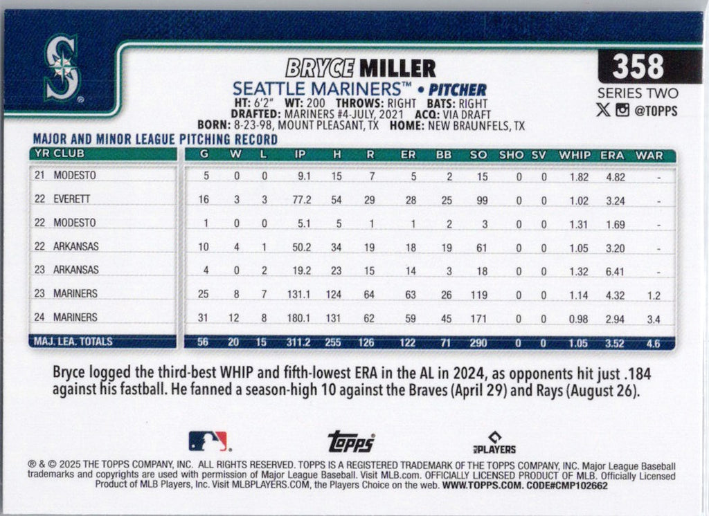 2025 Topps #358 Bryce Miller Seattle Mariners
