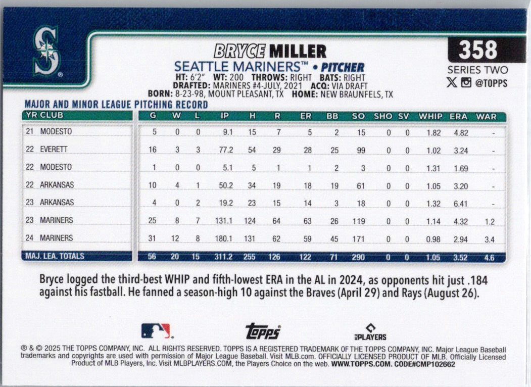 2025 Topps #358 Bryce Miller Seattle Mariners