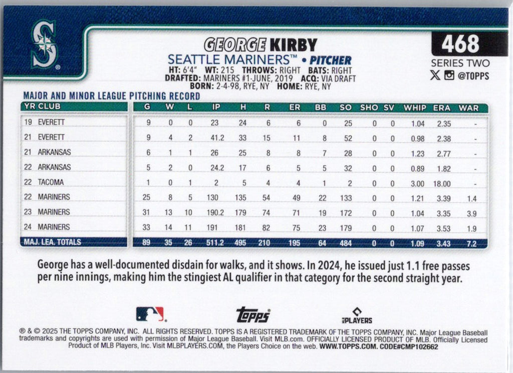 2025 Topps #468 George Kirby Seattle Mariners