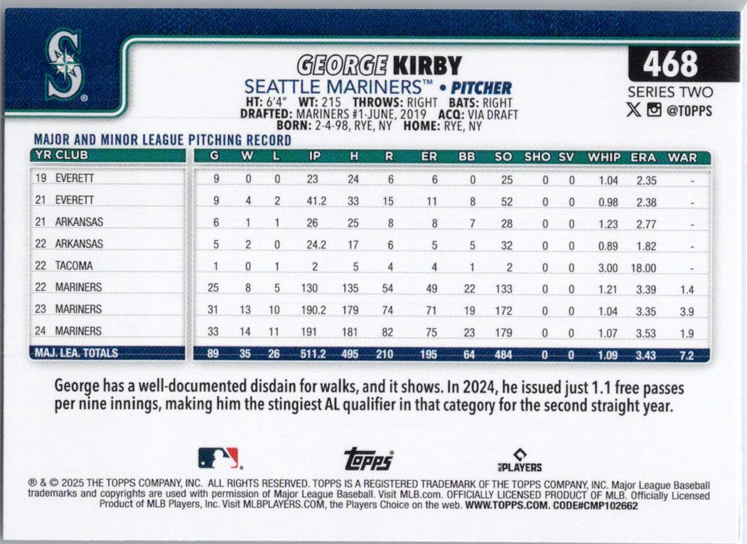 2025 Topps #468 George Kirby Seattle Mariners