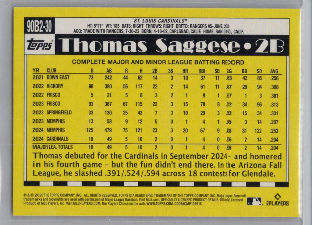 2025 Topps #90B2-30 Thomas Saggese 1990 Topps Baseball 35th Anniversary