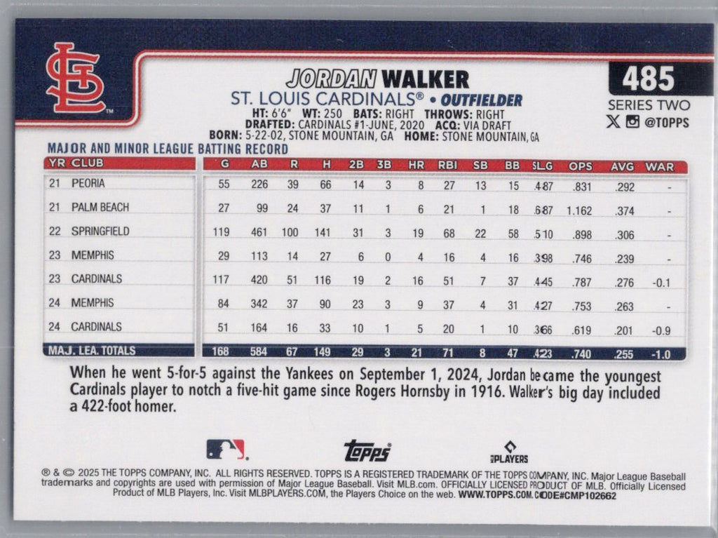 2025 Topps #485 Jordan Walker Rainbow Foil St. Louis Cardinals