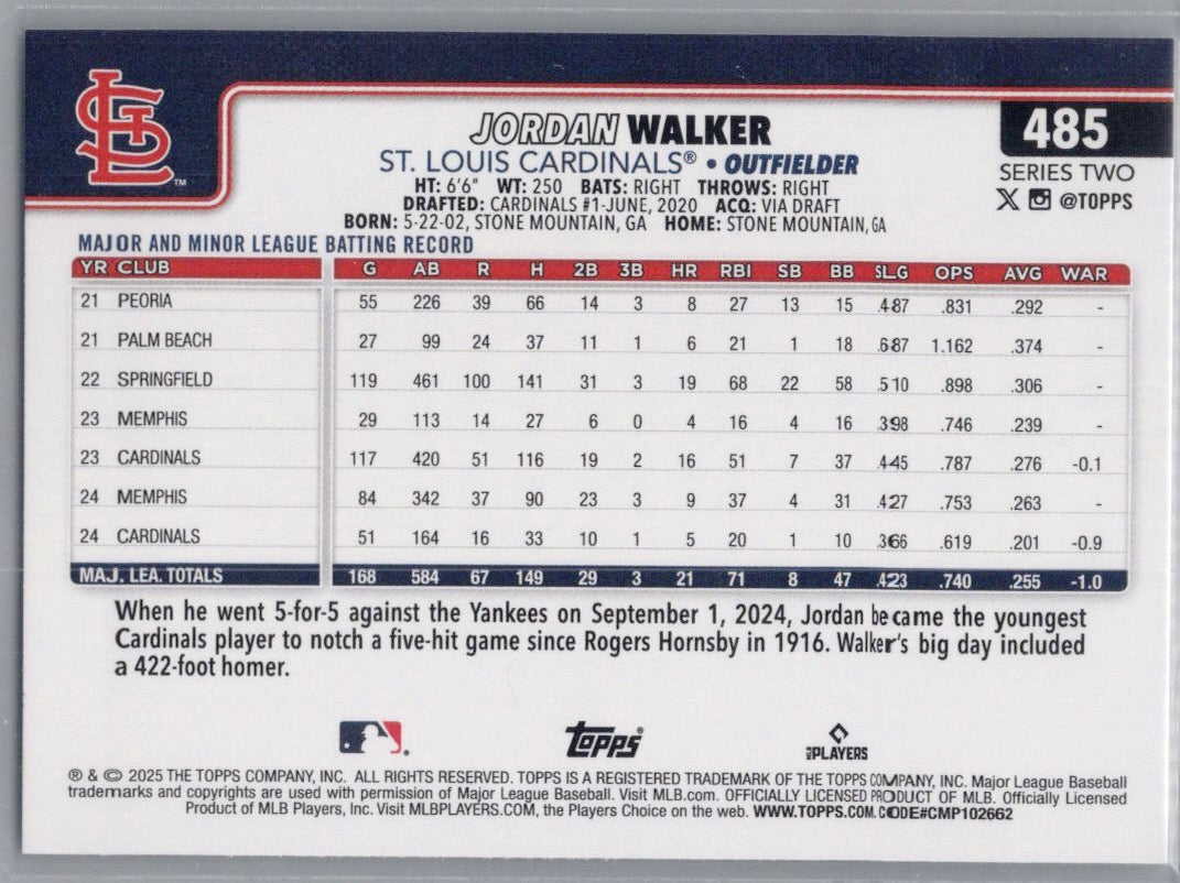 2025 Topps #485 Jordan Walker Rainbow Foil St. Louis Cardinals