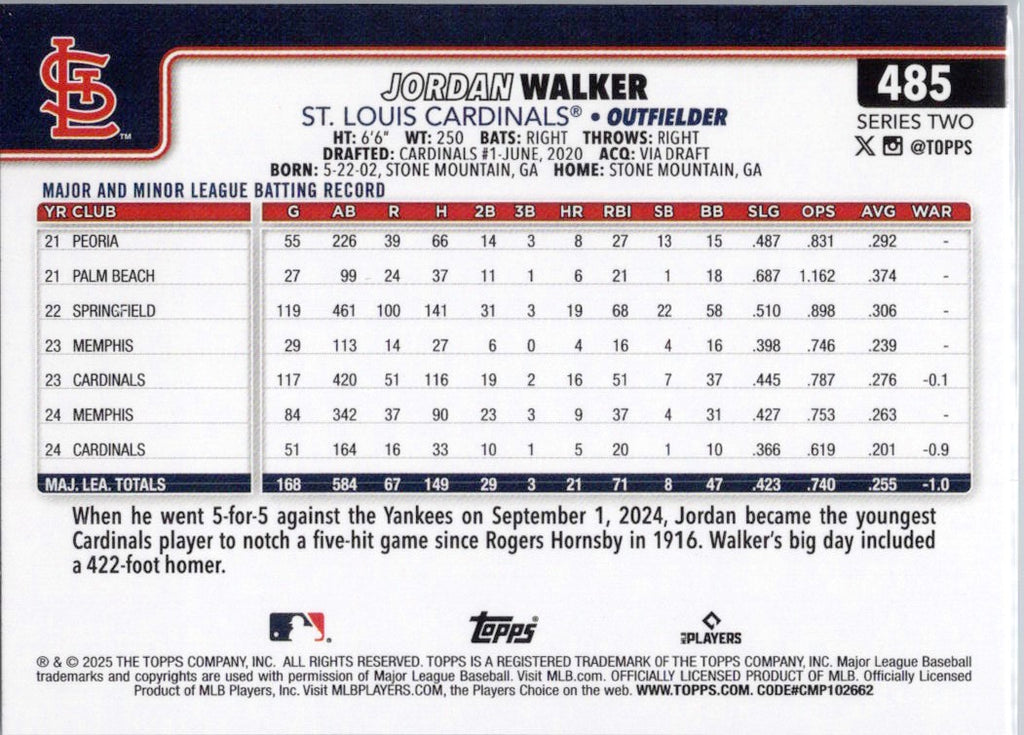 2025 Topps #485 Jordan Walker St. Louis Cardinals
