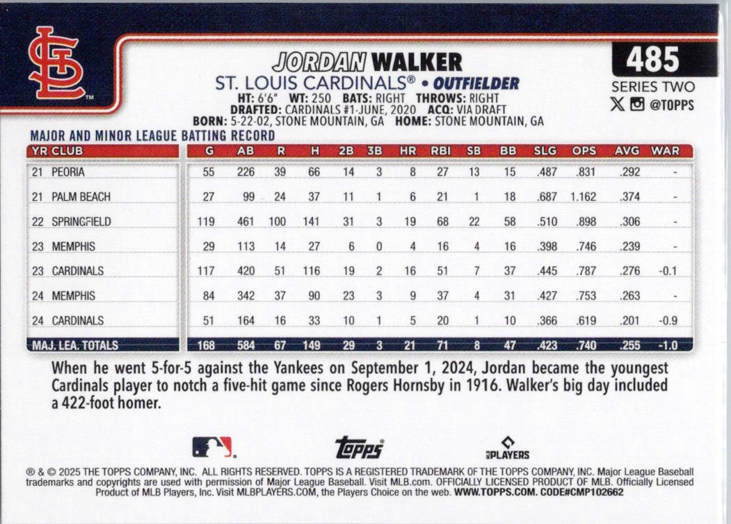 2025 Topps #485 Jordan Walker St. Louis Cardinals