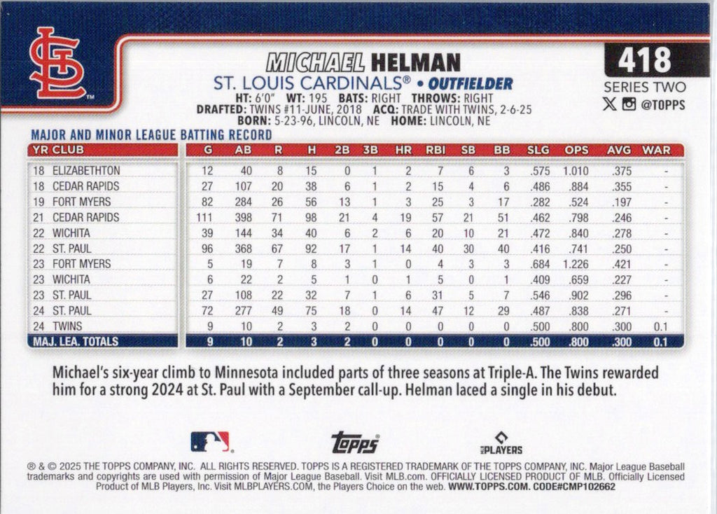 2025 Topps #418 Michael Helman St. Louis Cardinals