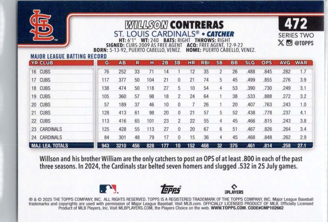 2025 Topps #472 Willson Contreras St. Louis Cardinals