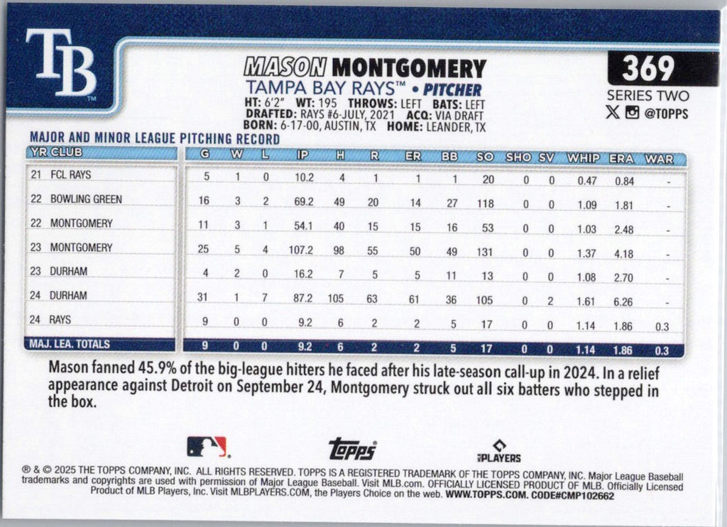 2025 Topps #369 Mason Montgomery Tampa Bay Rays