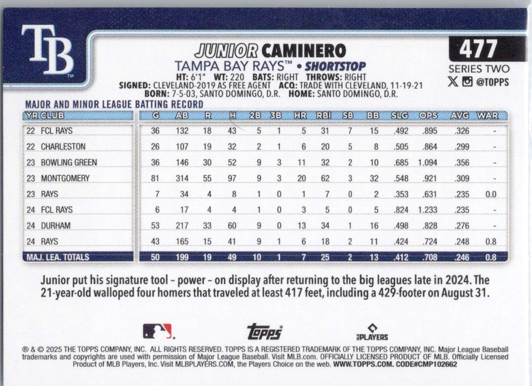 2025 Topps #477 Junior Caminero Tampa Bay Rays