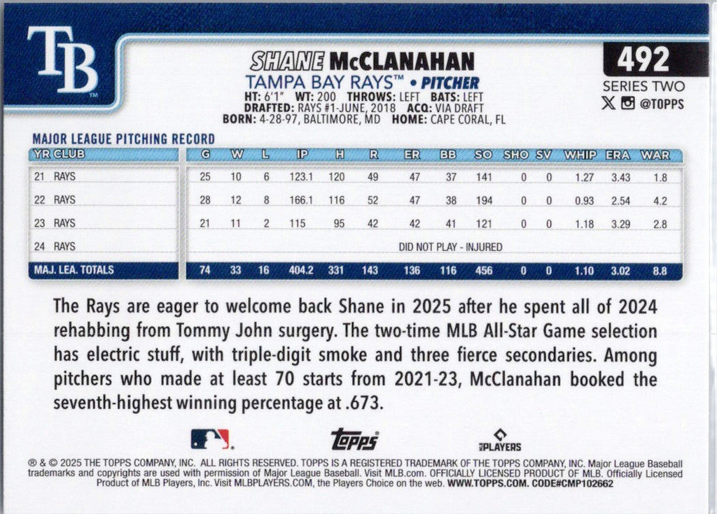 2025 Topps #492 Shane McClanahan Tampa Bay Rays
