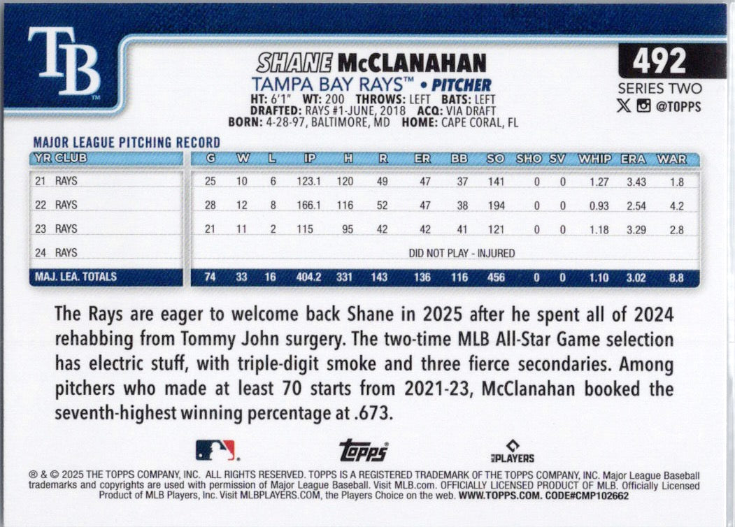 2025 Topps #492 Shane McClanahan Tampa Bay Rays