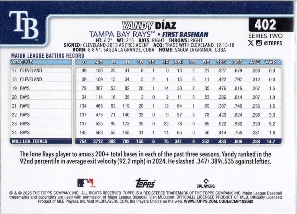 2025 Topps #402 Yandy Díaz Tampa Bay Rays