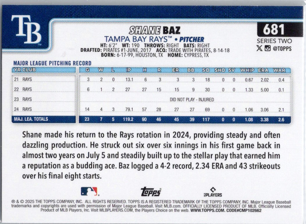 2025 Topps #681 Shane Baz Tampa Bay Rays