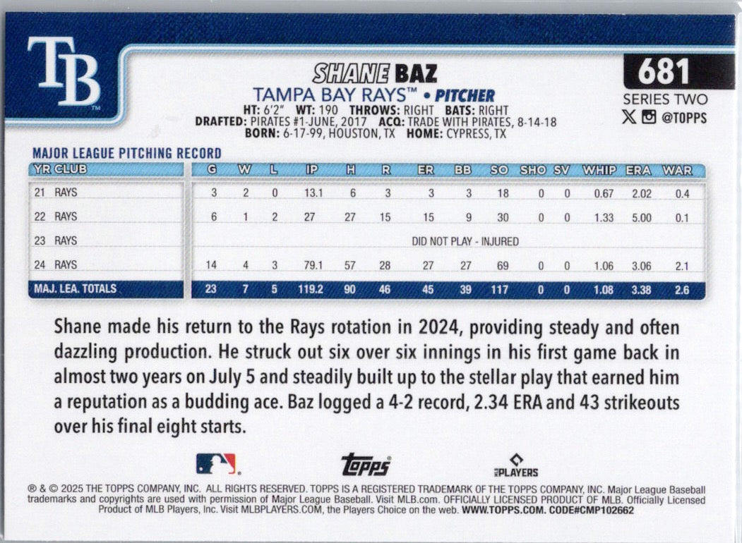 2025 Topps #681 Shane Baz Tampa Bay Rays