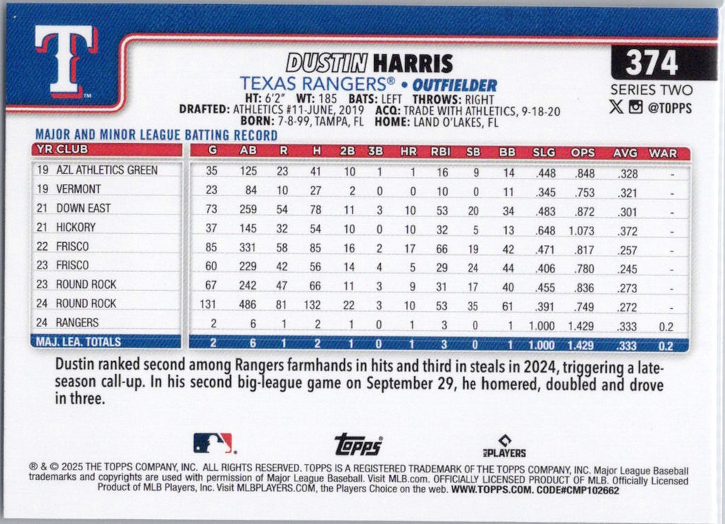 2025 Topps #374 Dustin Harris Texas Rangers