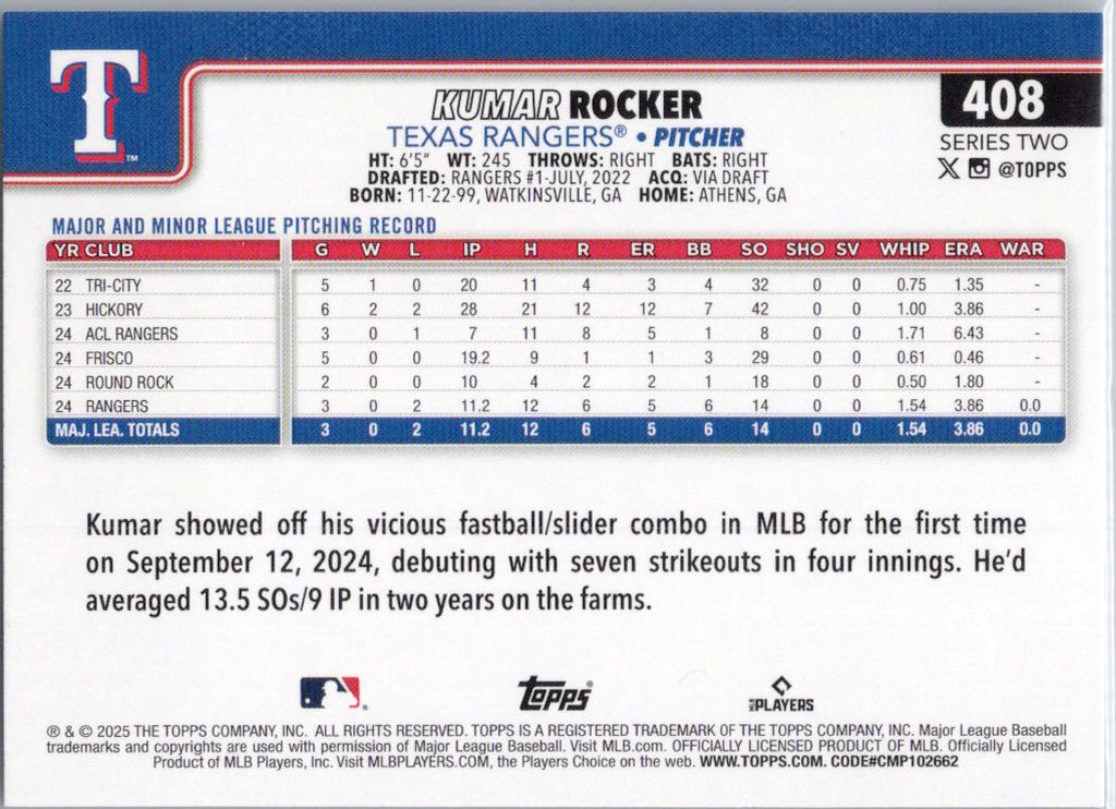2025 Topps #408 Kumar Rocker Texas Rangers
