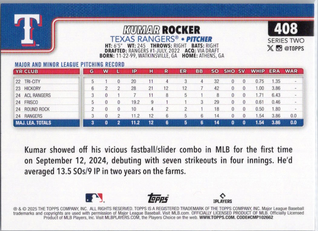 2025 Topps #408 Kumar Rocker Texas Rangers