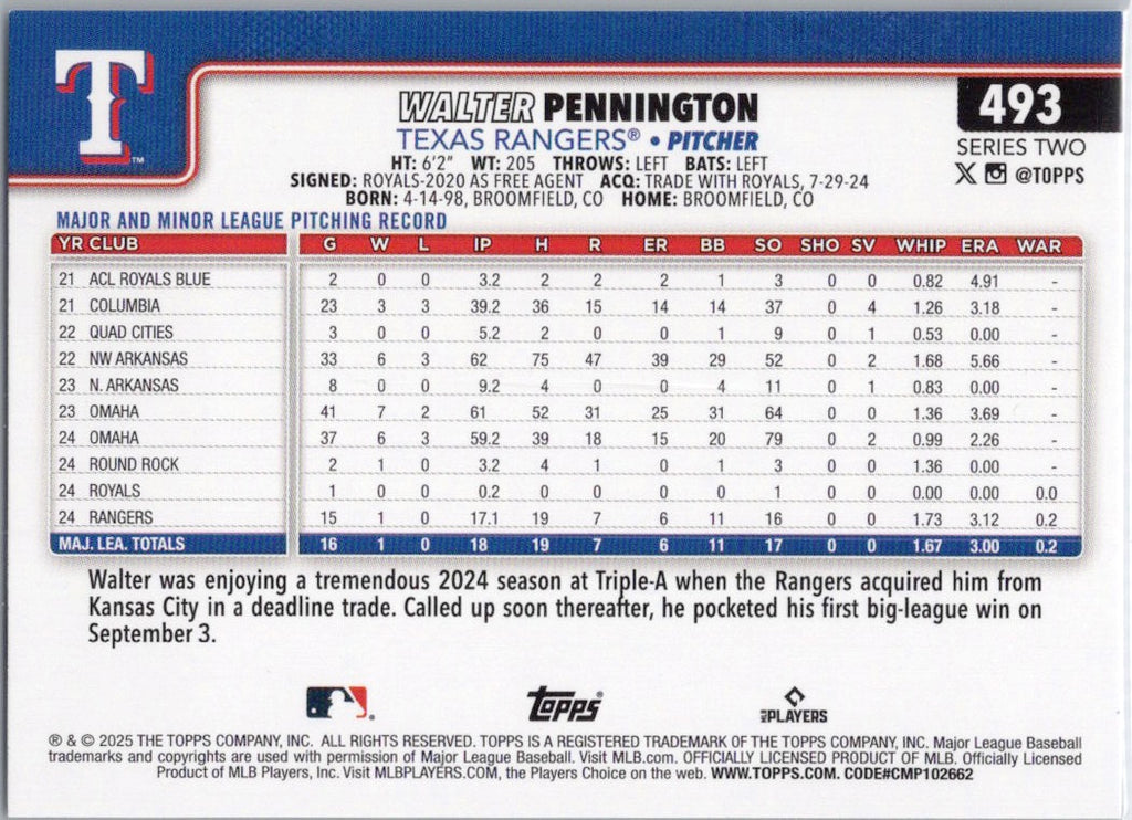 2025 Topps #493 Walter Pennington Texas Rangers