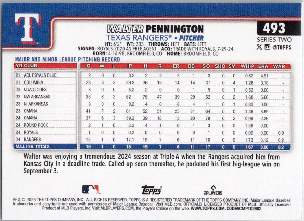 2025 Topps #493 Walter Pennington Texas Rangers