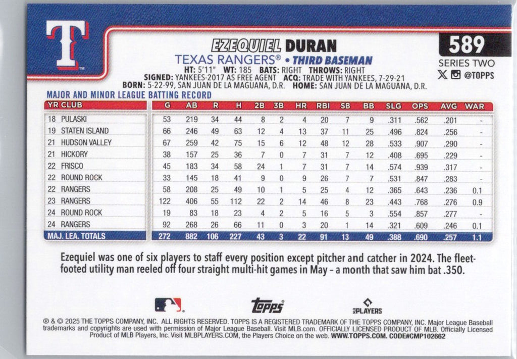 2025 Topps #589 Ezequiel Duran Texas Rangers