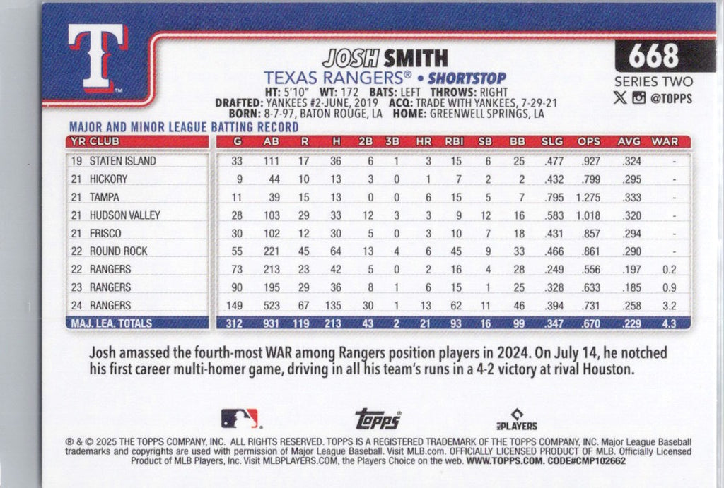 2025 Topps #668 Josh Smith Texas Rangers