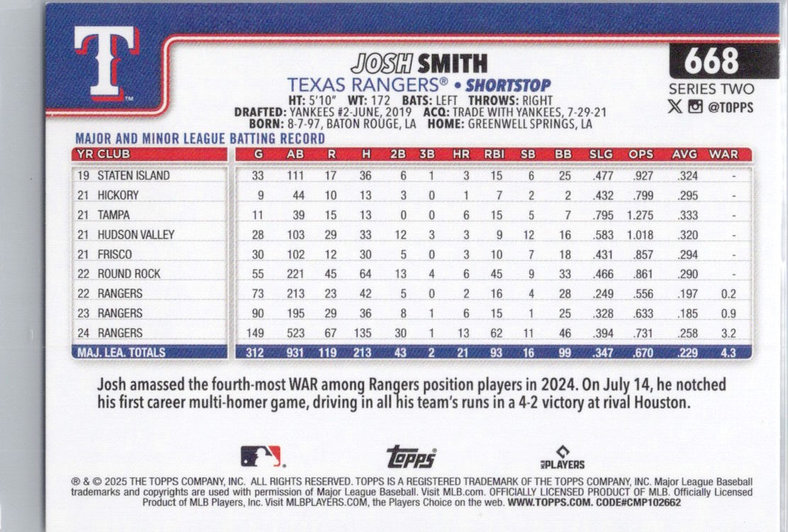 2025 Topps #668 Josh Smith Texas Rangers