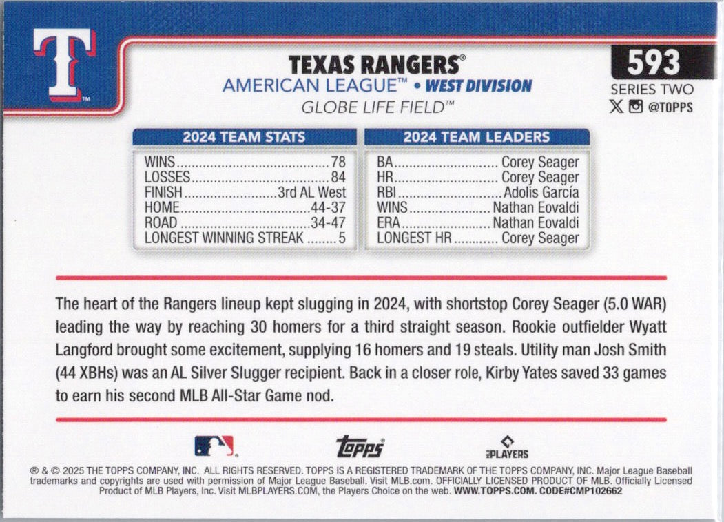 2025 Topps #593 Texas Rangers Texas Rangers