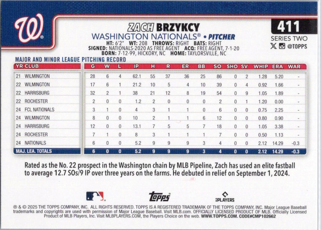 2025 Topps #411 Zach Brzykcy Washington Nationals