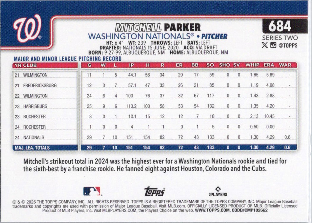 2025 Topps #684 Mitchell Parker Washington Nationals