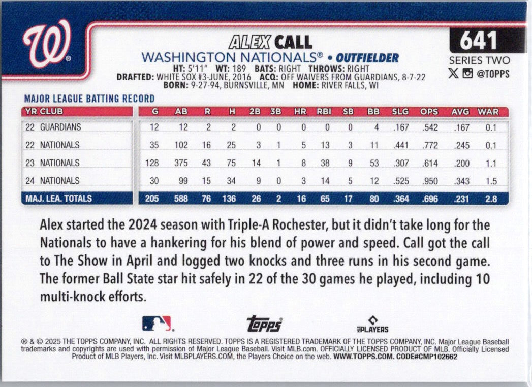 2025 Topps #641 Alex Call Washington Nationals
