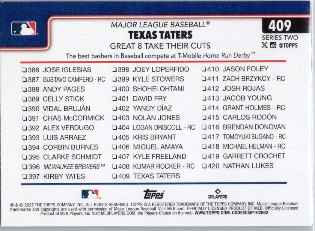 2025 Topps #409 Texas Taters: Great 8 Take Their Cuts Baltimore Orioles