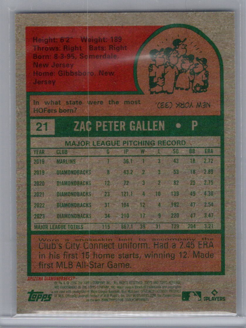 2024 Topps Heritage #21 Zac Gallen Chrome Silver Refractor #/225 Arizona Diamondbacks