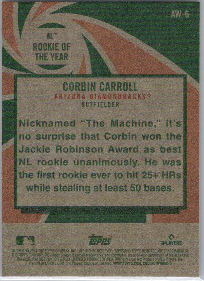 2024 Topps Heritage #AW-6 Corbin Carroll Award Winners Arizona Diamondbacks
